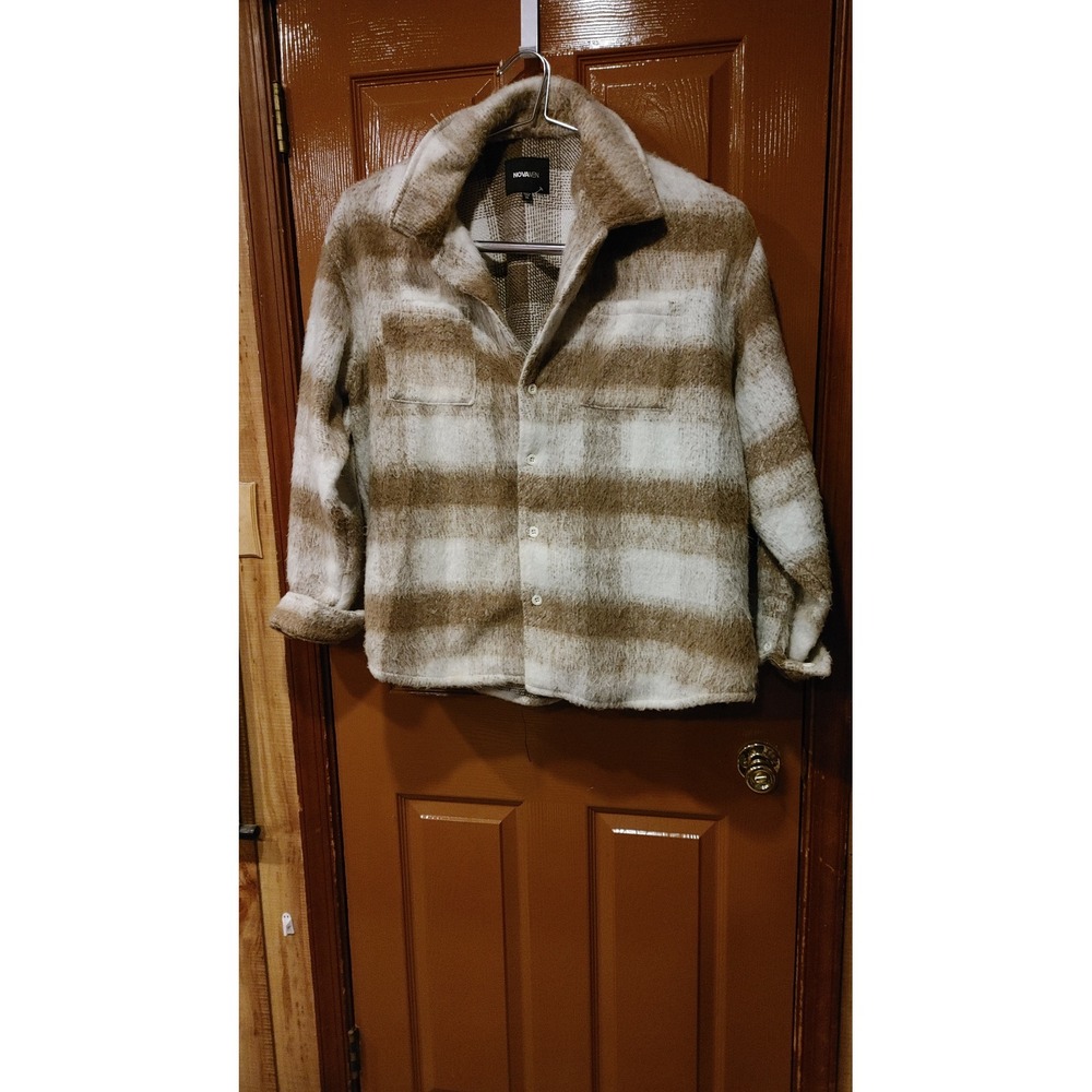 NovaMen Plaid Shacket Men XL Tan White Excellent Wool Blend Heavy Flannel Jacket